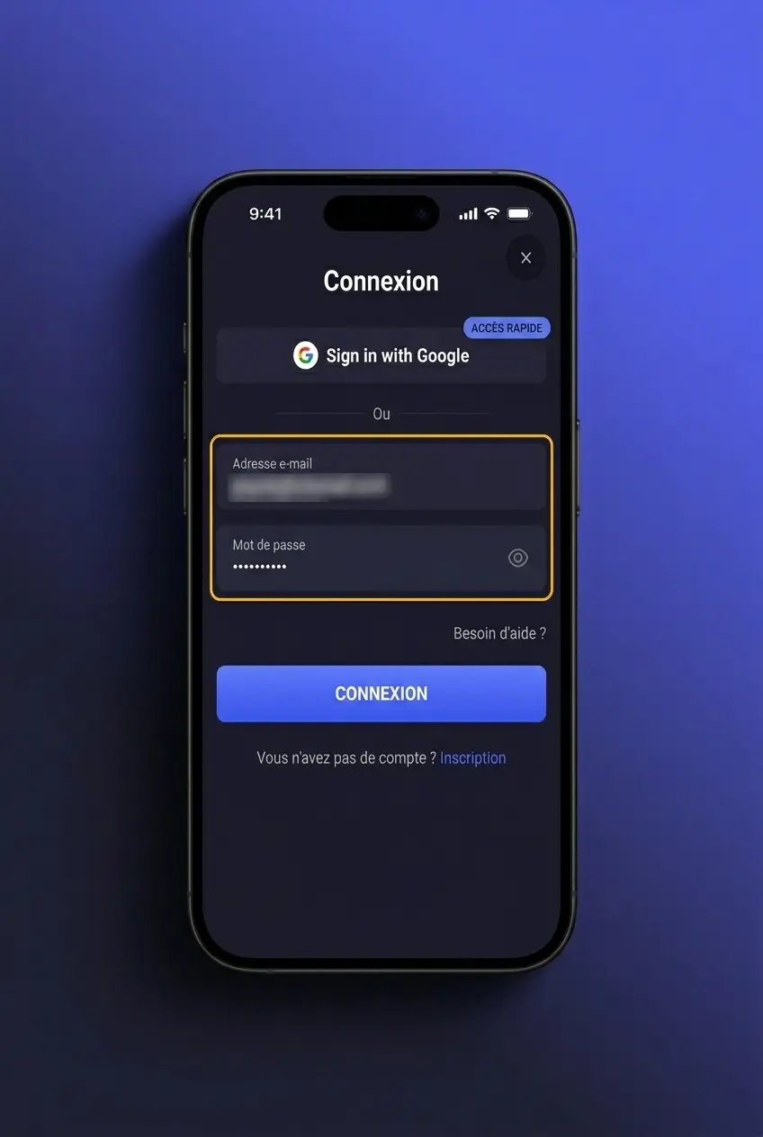 Page de connexion SpinAura avec champs e-mail, mot de passe et options Google ou Facebook